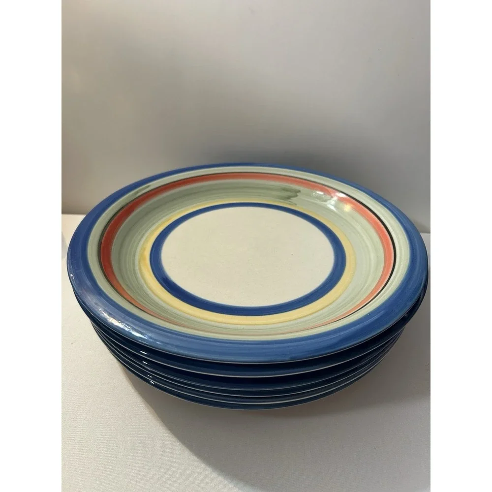 Vtg Gibson Rainbow Striped Hand Painted Rim Ceramic Dinner Plate 10.5in Set Of 6